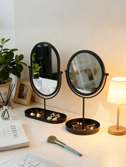 1PC 精致北欧轻奢风格桌面梳妆镜，椭圆形、圆形可选，创意金属框架，底部带储物托盘，可放置口红、化妆品、珠宝、香水、化妆刷、香薰产品等。