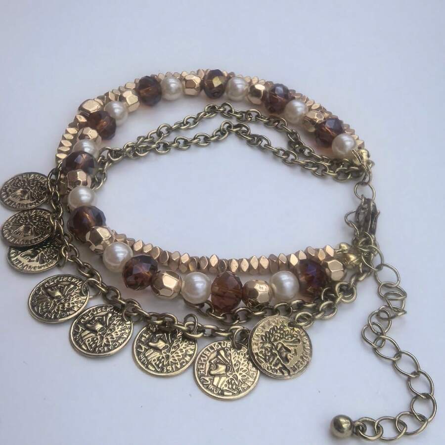 1 chiếc vòng tay hạt cườm nhiều lớp phong cách Bohemian cổ điển với mặt dây chuyền hình đồng xu cổ, phù hợp cho trang phục hàng ngày. - Tiền xu cổ - Xem 1