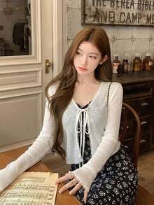 轻薄休闲开衫毛衣，甜美风格，长袖外套，女士春夏款 - 杏色 - 查看 1