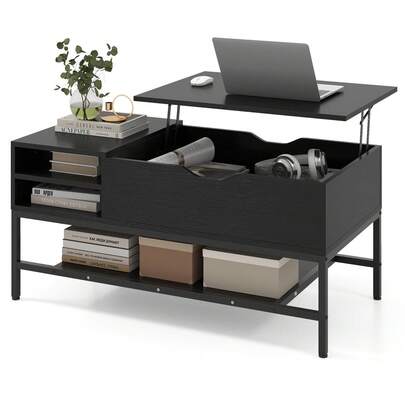  COSTWAY Lift Top Coffee Table With Hidden Compartment, Wooden Living Room Table With Storage Shelf, Lifting Dining Center Table For Small Space Home Office, Black