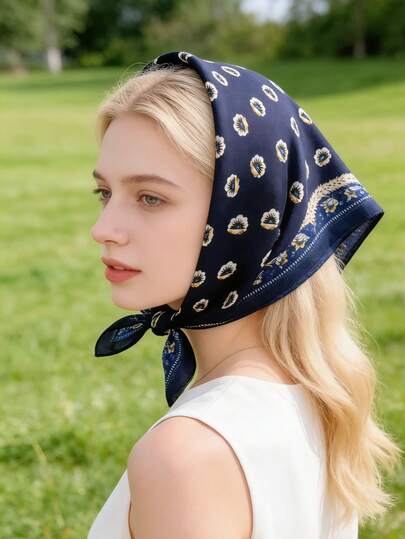 1pc 70cm Satin Printed Bandana Scarf, Casual Headscarf For Women