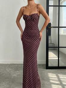Đầm nữ màu trơn dệt kim chấm bi phối ren in họa tiết thanh lịch, gợi cảm, thường ngày, thích hợp cho kỳ nghỉ hè. - màu nâu - Xem 4