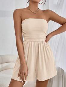 Women Summer Romper Strapless Tube Ruffle Boho Loose Shorts Jumpsuits Pockets Casual Daily Spring Holiday Beach Vacation Airport Outfits - 杏色 - 查看 3