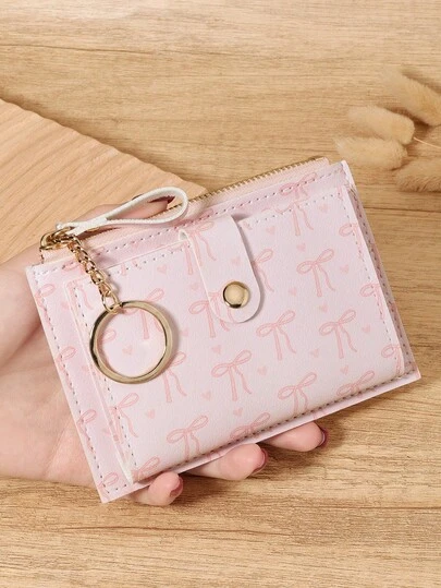 With A Chain Keychain,Pink Bow Love Pattern Buckle Fashion Card Holder Slim Lightweight Portable Cash Money ID Card Credit Card Coin Pocket For Birthday Gift Gift Anniversary Christmas On Valentine Day Lover Female Lady Girls Women Teenagers For College Student School Student,Bag School Supplies For School Dorm Room & Back To School