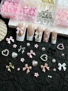 12-Compartment Box Mixed Resin Faux Pearl Bow, Nail Gems, Nail Charms, Floral Decor, Heart Shape, Assorted Styles Nail Art Accessories, Shiny Decorations, DIY Manicure Supplies, Multi-Purpose Embellishments For Nail Design, Salon And Home Daily Nail Art Creation - Nhiều màu - Xem 5