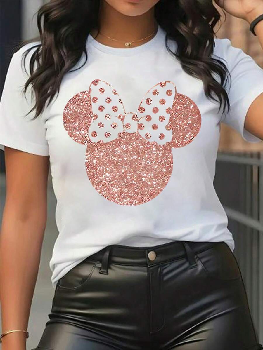 Disney Women's Hot Selling Item: Rose Gold Glitter Mickey Mouse Head Print Short-Sleeve Crew Neck T-Shirt. Crew Neck, Casual, Comfortable, Stylish, And Versatile. Suitable For Spring, Summer, And Autumn. Casual Wear. Optimistic Design. Elastic Fabric.Made From Soft, Comfortable, And Durable Pure Cotton, This Is An Ideal Choice For Spring And Summer. This Crew Neck T-Shirt Is Suitable For Various Occasions, Including Everyday Wear, Shopping, Parties, Travel, And Gatherings, And Also Makes A Thoughtful Gift. - White - View 1