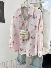 YUXIN Elegant Ditsy Floral Print Top, Lightweight Breathable Blouse For Spring Summer Autumn Pink - Pink - View 3