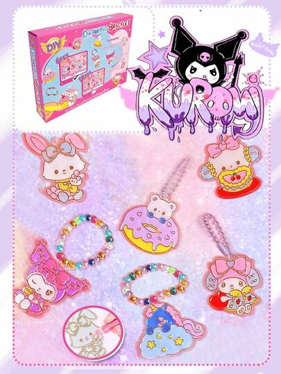 SANRIO 三丽鸥家族库洛米、美乐蒂和凯蒂猫，DIY彩色串珠项链手链套装。创意手工饰品制作玩具。儿童绘画套装，益智玩具，DIY彩绘工艺品，其他益智玩具。创意DIY阳光捕捉器玻璃装饰窗户艺术绘画玩具。