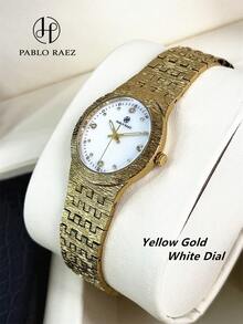 1件 Pablo Raez 女士不锈钢圆形镶钻复古腕表，AAA 级奢华正装腕表，优雅新款金色不褪色，精致石英表，时尚白色简约表盘，高品质女士流行小巧可爱防水 50 米阿拉伯风格实心钢表带腕表礼品 - 均碼 - 查看 16