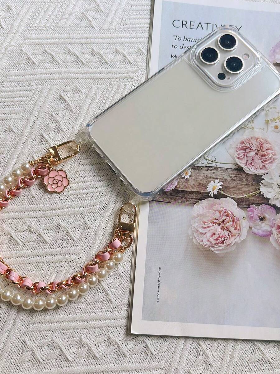 Coco Style Double Layer Pearl Chain Phone Case, Detachable Pink Wrist Strap For IPhone 17Pro ,Sam S25 - Pink - View 1