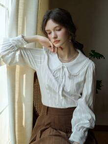 Women's Rayon Peter Pan Collar Long Sleeve Blouse With Tie Detail, Regular Length Top - White - View 9