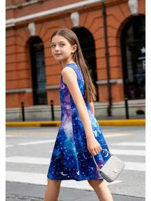 Girl Dresses Sleeveless Cute Pattern Casual Sundress 4-13 Years - Màu xanh lam - Xem 4
