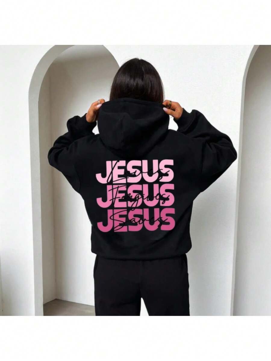 Women's Jesus Fleece Hoodie, Kangaroo Style, Christian Style - 黑色 - 查看 1