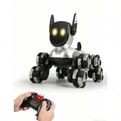 1 pieza Juguete robot perro de 8 ruedas con control remoto, juguete robot perro inteligente interactivo recargable de 2.4Ghz con 8 ruedas, música y luces, mascota electrónica como regalo de cumpleaños/Pascua para niños y niñas de 8 a 13 años