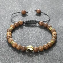 1Pc Of Retro Wooden Bead Bracelet With Yin-Yang Tai Chi Pendant Buddhist Spiritual Energy Prayer Bead Bracelet Couple Matching Bracelet - Brown - View 5