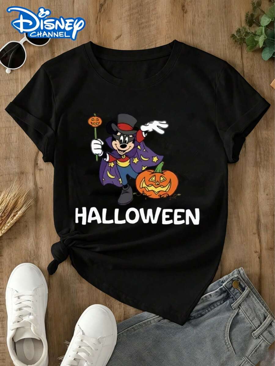 This Disney Women's T-Shirt Features Mickey Mouse As A Halloween Magician, Holding A Pumpkin Wand, Accompanied By A Pumpkin Lantern And The Word "Halloween," Giving It A Whimsical Holiday Vibe. Suitable For Halloween Parties And Disneyland Photo Opportunities. Made From Soft, Comfortable, And Durable Fabric, This Spring/Summer Women's Crew Neck T-Shirt Is Perfect For Everyday Wear-Shopping, Parties, Travel, Or Gatherings. It Also Makes A Lovely Gift. - Black - View 1