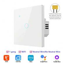 1 个符合欧盟标准的智能触摸开关，带/不带零线，DS-101JL WiFi 和蓝牙墙壁开关，CE 认证，1/2/3/4 位，白色/黑色，400W，超薄钢化玻璃面板，高光泽表面，兼容 Alexa、Yandex、Alice、Tuya 等语音助手，可通过 APP 远程语音控制定时器，适用于家庭和酒店。 - 彩色 - 查看 24