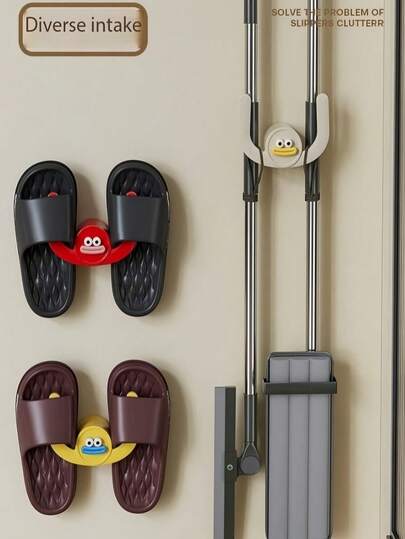 2/5 piezas Estante lindo para zapatillas de baño, perchero para zapatillas de baño montado en la pared sin taladro, organizador de almacenamiento adhesivo para el baño, colorido