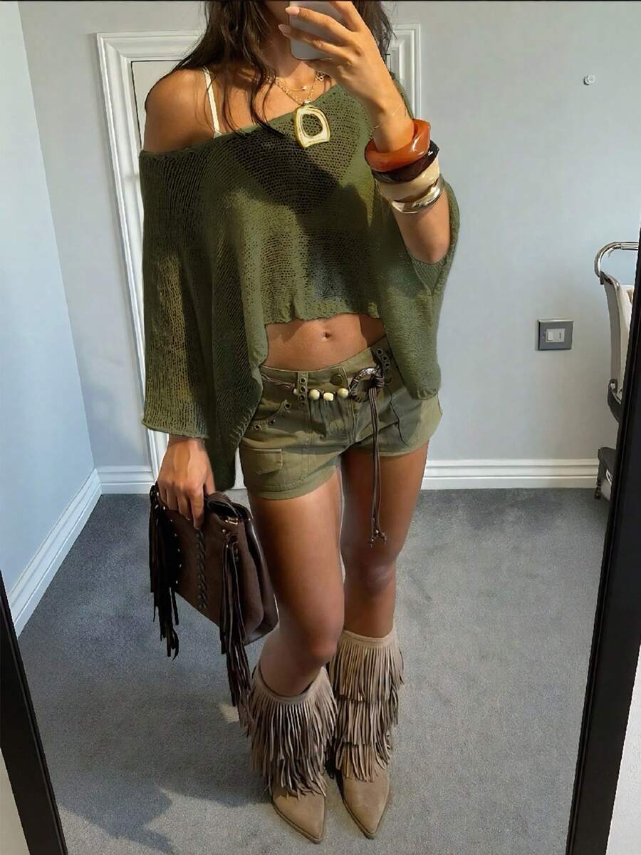 For Love & Bella 女士休闲性感 Y2K 风轻薄透视露肩短款针织衫，宽松沙滩/度假外套，春夏款，绿色，橄榄绿