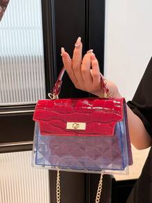 迷你时尚纯色翻盖PU手提包 - 酒紅色 - 查看 3