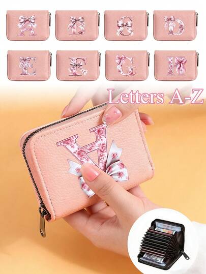1个PU皮革风琴拉链卡包，粉色蝴蝶结花朵字母图案，大容量多卡位拉链钱包，便携式信用卡零钱收纳包，时尚拉链钱包，商务休闲短款钱包，男女通用，情人节、母亲节、复活节和新年礼物的最佳选择
