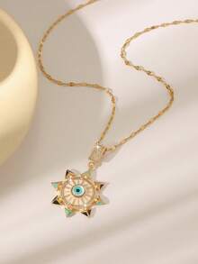 1件优雅时尚蓝色立方氧化锆恶魔眼不锈钢项链，花卉爱心几何设计，女士日常配饰 - 金色 - 查看 12