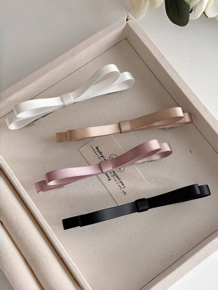 4pcs Girls' Minimalist Elegant Black Bowknot Spring Clip Side Bangs Hair Clips Set, Suitable For Daily Use