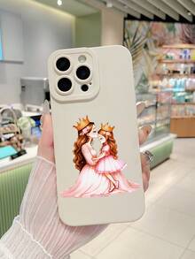 1pc Mother-Daughter Princess Illustration, Crown, Pink Dress, Matte White Shockproof Lens Protection Phone Case, Cute Phone Case, Warm Mother-Daughter Aesthetic Design Fashion Phone Case, Compatible With IPhone & Galaxy - White - View 5
