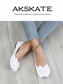 Women's Oversized Bow Decor Square Toe Ballet Flats, Faux Leather Slip On Casual Flat Shoes, Soft Padded Insole Anti-Slip Rubber Outsole, Comfortable Everyday Dress Shoes For Office Work Daily Commute Shopping Weekend Outings, Multi Classic Colorways Available - 白色 - 查看 2