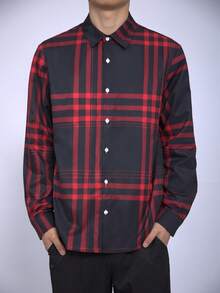 春秋新款男士商务休闲修身格纹衬衫，独特设计，单排银色饰边，做工精良 - 休闲衬衫 - 紅色和黑色 - 查看 2