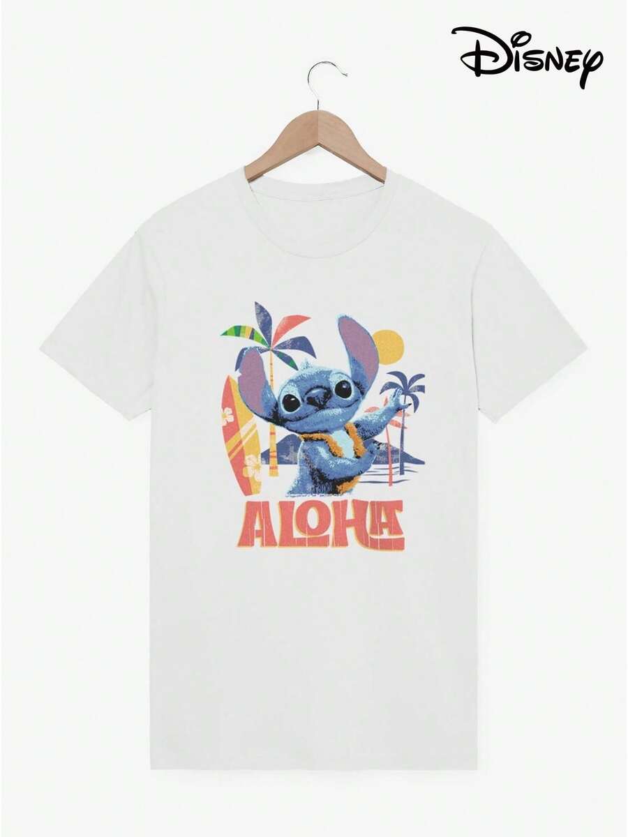 Disney Couple T-Shirts, 100% Cotton, 200g, Cute Mickey Mouse Crew Neck T-Shirts, Detailed And Vibrant Design, Durable And Easy-Care Fabric, Suitable For Everyday Wear, Commuting And Other Occasions. - 白色 - 查看 1