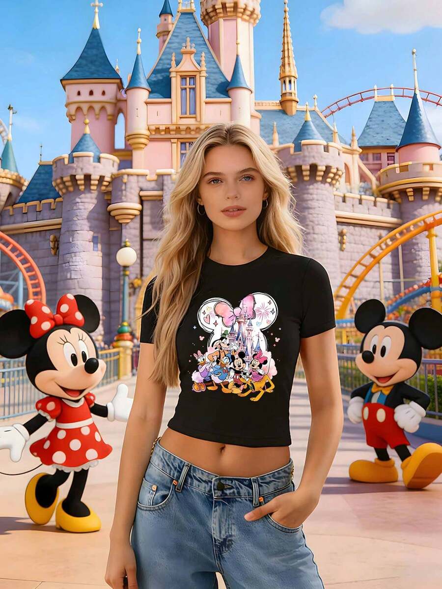 Women's Short-Sleeved Fitted Top Features A Mickey Mouse And Friends Castle Design. It's A Comfortable, Soft, Casual Cropped T-Shirt That Shows Off The Midriff. The Slim Fit And Flattering Back Design Make It Suitable For All Seasons, Including Disneyland Trips, Summer Fashion, And Everyday Wear. - Black - View 1