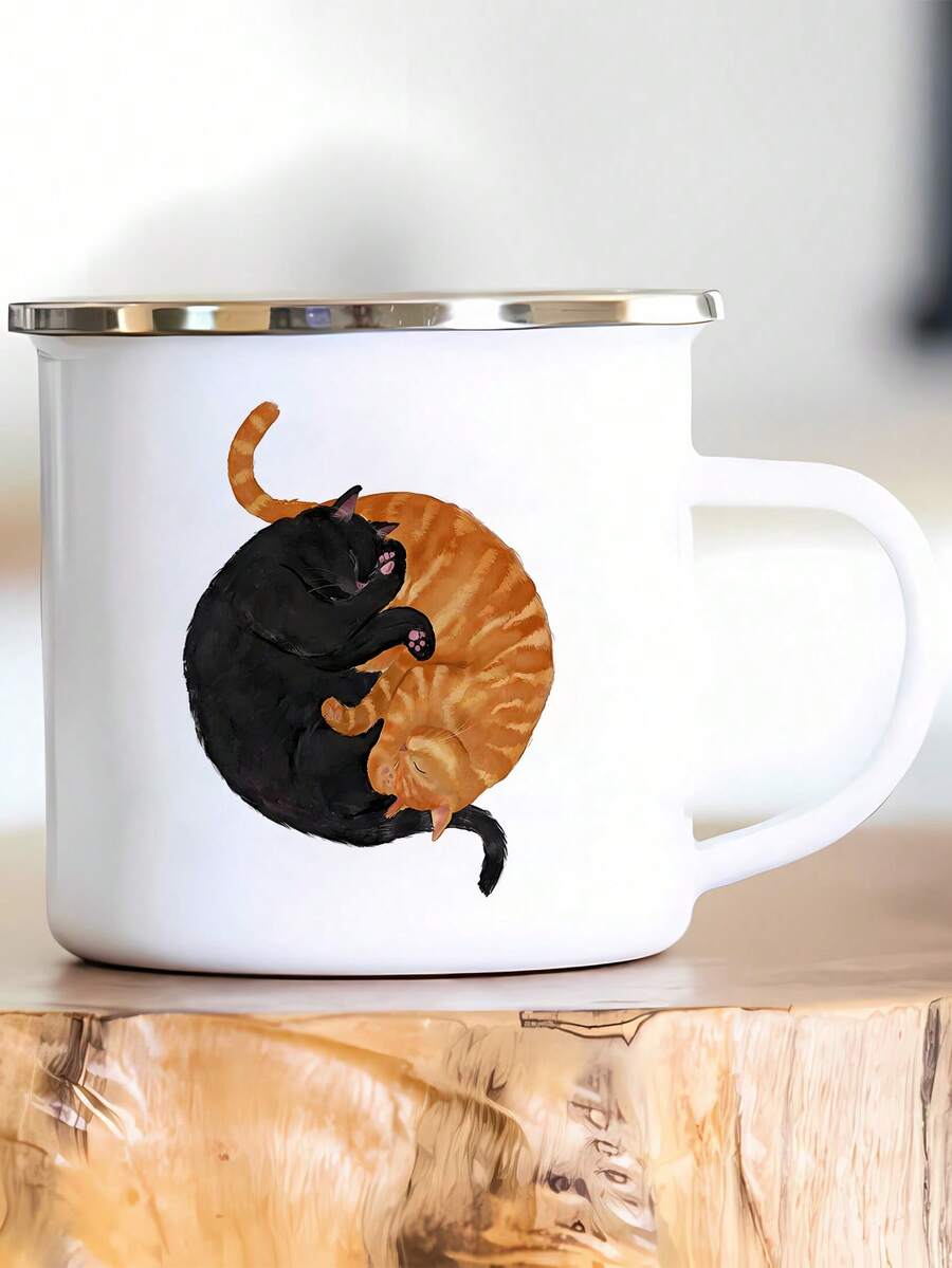 1pc Black & Orange Round Cat Print Enamel Mug, Tai Chi Cat, Exquisite, Fun, Cute, Enamel Ceramic Mug, Holiday Gift, Birthday Gift, Best Choice For Boyfriend Or Girlfriend - Multicolor - View 1