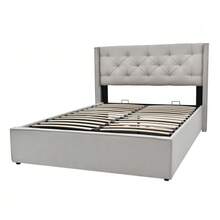 Upholstered Hydraulic Double Bed 160x200cm, Slatted Bed With Metal Frame, Modern Bed Frame With Storage Space, Cotton, Light Grey (With Mattress) - Light Grey - View 7
