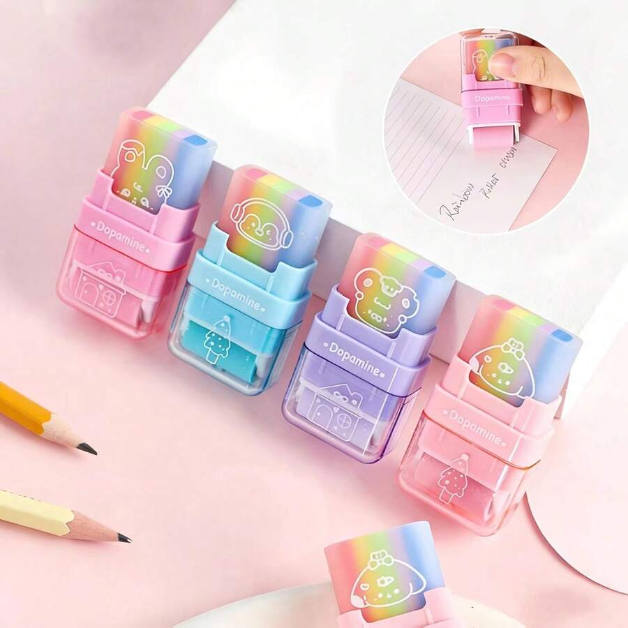 1/2/4 件装创意滚轮橡皮擦，可爱卡通橡皮擦，低粉尘，擦拭干净 - 彩色 - 查看 1