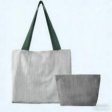Customized Embroidered Name Striped Canvas Tote Bag, Showcase Unique Style, Personalized Letter Striped Shoulder Bag, Solid Color Zipper Canvas Bag, Large Capacity Casual Bag, Multi-Color Strap, Suitable For Travel, Student Shoulder Bag ,Baglover - Multicolor - View 13