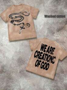Unisex "We Are Creations Of God" Graphic T-Shirt, Double-Sided Rosary Cross Print 220G Cotton Y2K Streetwear Tee Y2K Dark Aesthetic Tee Breathable & Comfortable Cotton - 水洗棕櫚 - 查看 1