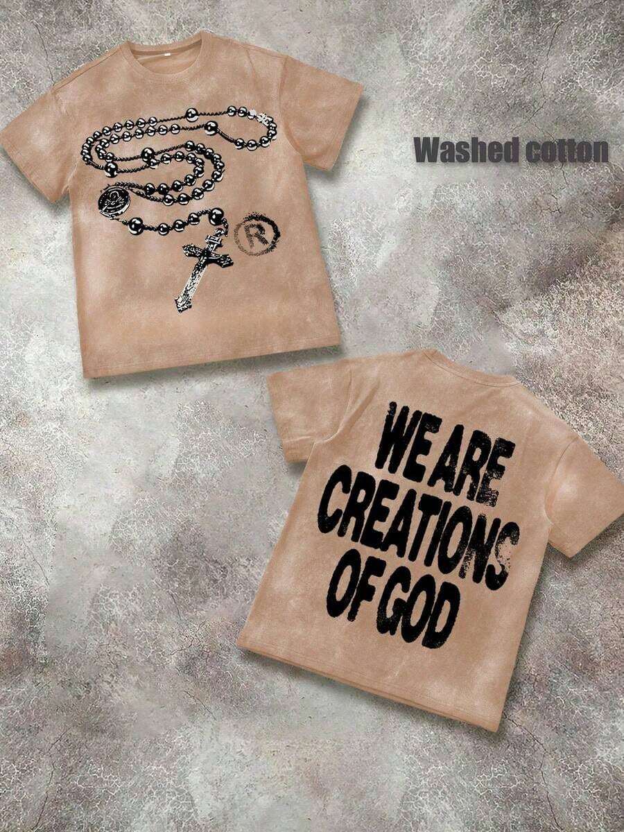 Unisex "We Are Creations Of God" Graphic T-Shirt, Double-Sided Rosary Cross Print 220G Cotton Y2K Streetwear Tee Y2K Dark Aesthetic Tee Breathable & Comfortable Cotton - 水洗棕櫚 - 查看 1