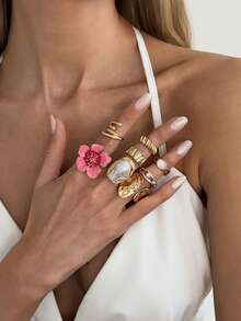 Set de 8 piezas de anillos apilables de metal con flores irregulares, incrustaciones de perlas falsas y diseño geométrico exagerado en estilo bohemio elegante. Joyería lujosa para bodas, fiestas, días festivos, uso casual diario, fotos callejeras, regalo unisex. - anillo - Ver 2