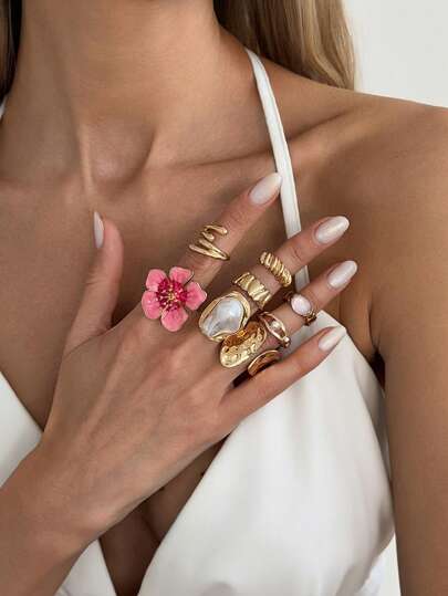 8件套波西米亚风优雅几何夸张仿珍珠镶嵌不规则花朵叠戴金属开口戒指套装，奢华珠宝，适合婚礼、派对、节日、日常休闲、街头拍照，男女皆宜的礼物
