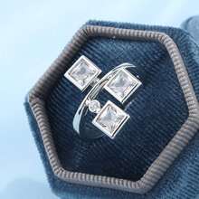 创意方形和圆形几何戒指，合成锆石首饰，女士礼物 - 白色 - 查看 10