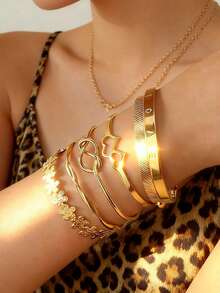 15pcs/6pcs Set Vintage Elegant Metal Hollow Carving Love Knot Flower Star Layered Bracelet Set, Minimalist Chic Suitable For Women Summer Holiday Party Date Daily Wear Versatile Jewelry Gift - Yellow Gold - View 4