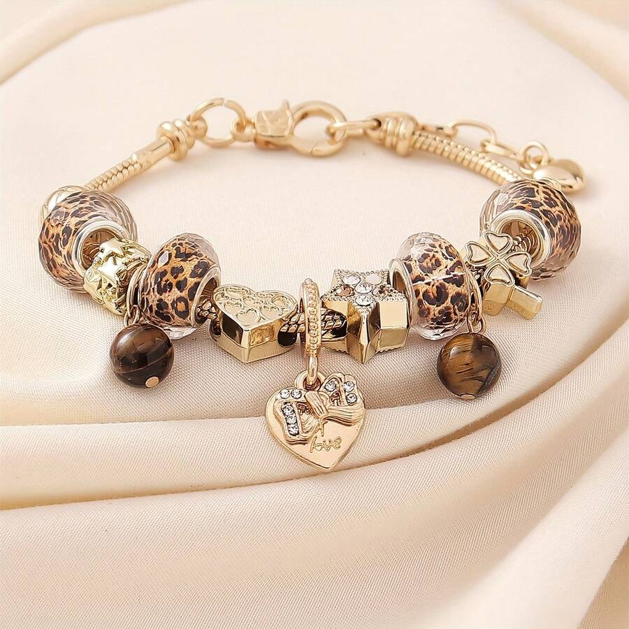 DAZY 1pc Personalized Charm DIY Beaded Bracelet, Leopard Print Beads, Heart Butterfly Star Pendants, Adjustable, Christmas Gift, Versatile Daily Accessory - Yellow Gold - View 1
