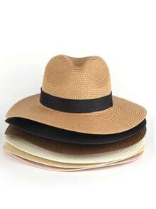 1pc Unisex Summer Sun Protection Straw Hat, Wide Brim Beach Hat, Travel Panama Hat - A - View 5