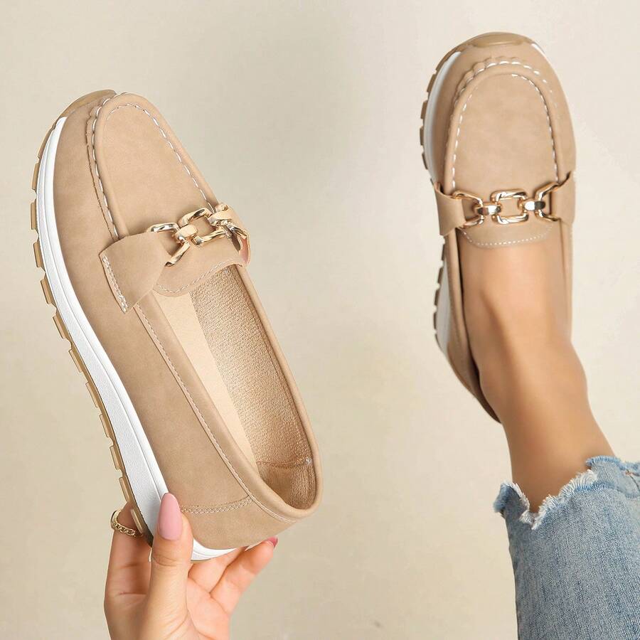Ladies' Platform Loafers, Stylish And Versatile Slip-Ons, Comfortable Wedge Casual Moccasins., Women Shoes - Màu Khaki - Xem 1