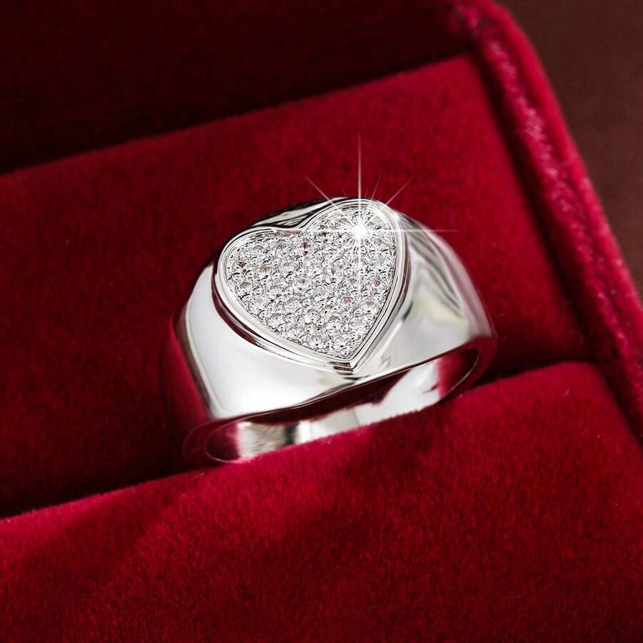1pc Elegant Heart-Shaped Design Cubic Zirconia Inlaid Women's Ring, Holiday Gift - Multicolor - View 1