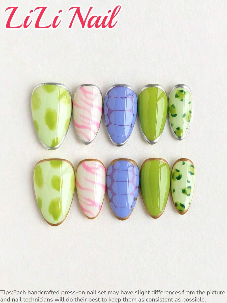 10片手工亚克力美甲贴纸，适合短指甲，杏仁形，绿色、粉色，INS风，豹纹、粉色、鳄鱼纹，可爱美甲，价格实惠，可重复使用，含美甲工具和配件，适合日常通勤、派对和办公场合，夏季送礼佳品