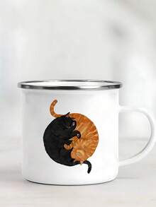 1pc Black & Orange Round Cat Print Enamel Mug, Tai Chi Cat, Exquisite, Fun, Cute, Enamel Ceramic Mug, Holiday Gift, Birthday Gift, Best Choice For Boyfriend Or Girlfriend - Multicolor - View 3