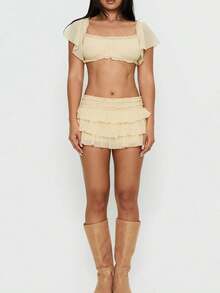 Women's Waist Ruffle Tiered Layered Skirts Low Rise Ruched Y2K A Line Mini Skirt - 黃色 - 查看 4