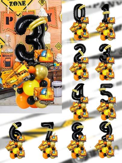 28pcs Construction Vehicle Theme Balloon Set, 32-Inch Black Number Foil Balloon, Mini Excavator & Crane Balloons, Orange Black Yellow Latex Balloons For Birthday Party, Construction Vehicle Theme Party Decor